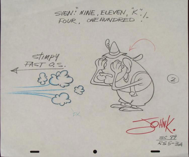 Signed Ren and Stimpy Animation Original Drawing: This original production art pencil drawing was done for The Ren & Stimpy Show. The notations say: SVEN: "NINE, ELEVEN, "K"/ FOUR, ONE HUNDRED." and STIMPY FAST O.S. Here, Stimpy
