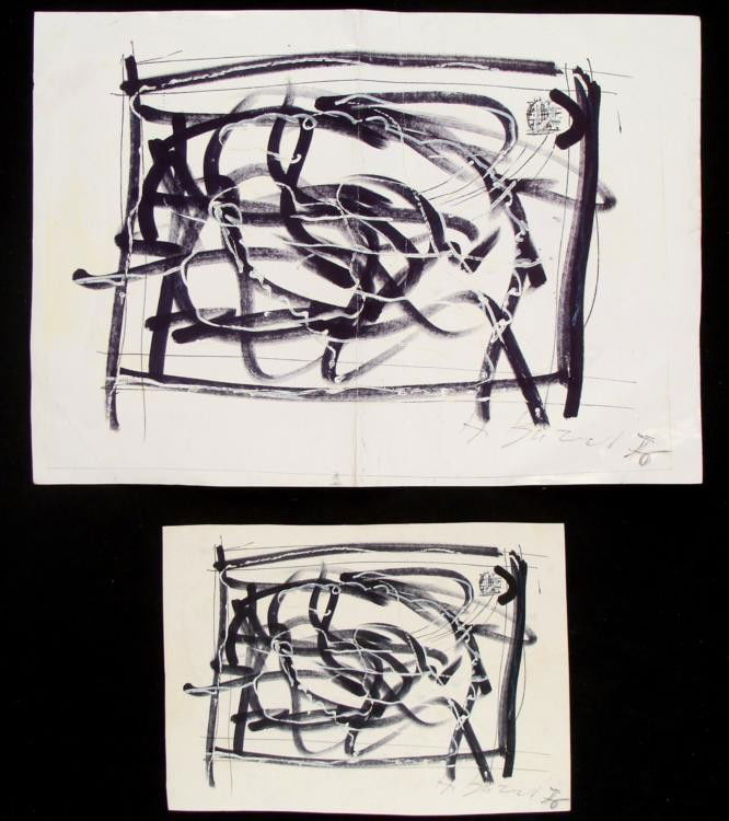 3 Alberto Burri Original Signed Art Works Double Sided: Here is one single sided artwork and one double-sided artwork, all mixed media abstracts by Alberto Burri. They are full of energetic lines and abstract forms. * Artist: Alberto Burri Signatures: (Two