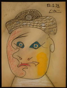 Pablo Picasso Original Crayon Drawing Signed 1971: This is an original drawing by Pablo Picasso, signed by the artist. The image appears to be of a man wearing a woven hat. His eyes are vivid blue, and his cheeks are shaded in red and orange. * Artist