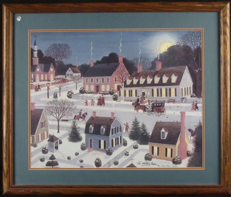 Jos. Wallace Baker Signed Folk Art Village Print Frmd: This print portrays a quaint winter evening village scene, done in a folk art style. * Artist: Jos. Wallace Baker Signature: In ink, lower rightEdition: limited 325/950Framing Double matted in brown a