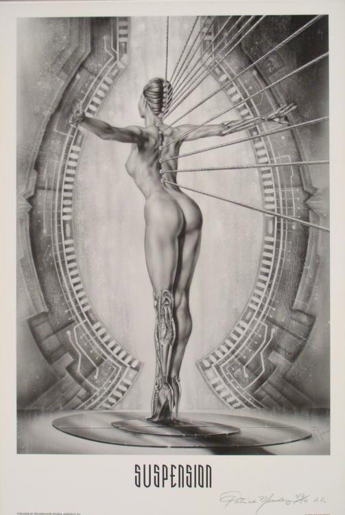 Suspension Patrick Meadows Signe Fantasy Art Print: Naked lady suspending from something * Artist: Patrick Meadows * Signature: In pencil, lower right Title: Suspension * Medium: Print on paper Edition: Numbered out of 50 * Sheet Size: 20" x 30" Condit