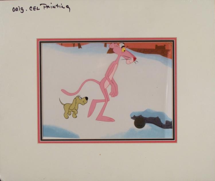 Pink Panther Original Production Cel & Background -Dog: Here is an original animation cel and background used in the production of The Pink Panther Show cartoon. The program ran on television throughout the 1970's. Pink is walking through the snow with his