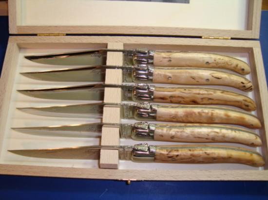 Set 6 authentic French Laguiole steak knives birch: Set of 6 French Laguiole steak knives designed by Jean Dubost with its "Authenticity Certificate" DUBOST COLAS PRADEL was created in 1920, by Pierre DUBOST and his wife Marcelle COLAS PRADEL.
