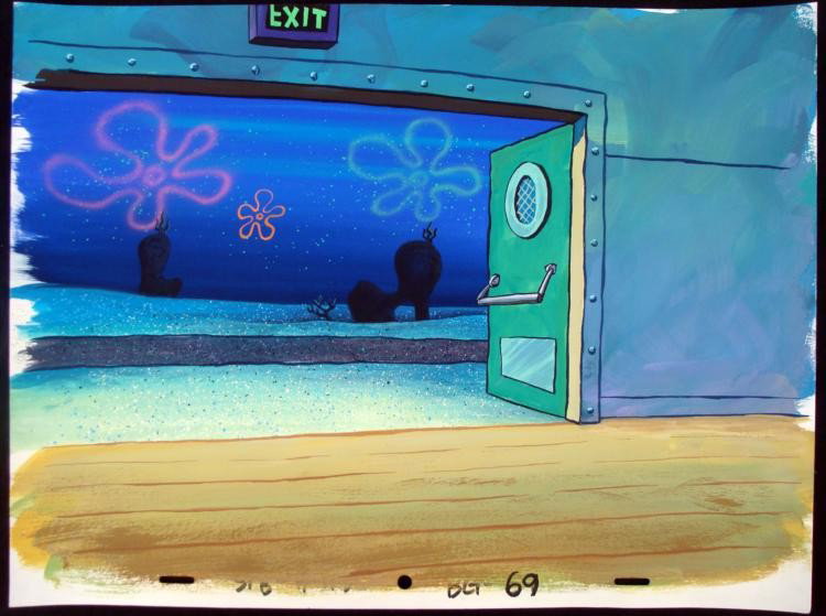 Spongebob Original Production Background Exit Doors: This original hand-painted background is from the Nickelodeon TVs how SpongeBob Squarepants. The story takes place under the deep blue sea in Bikini Bottom, where SpongeBob r