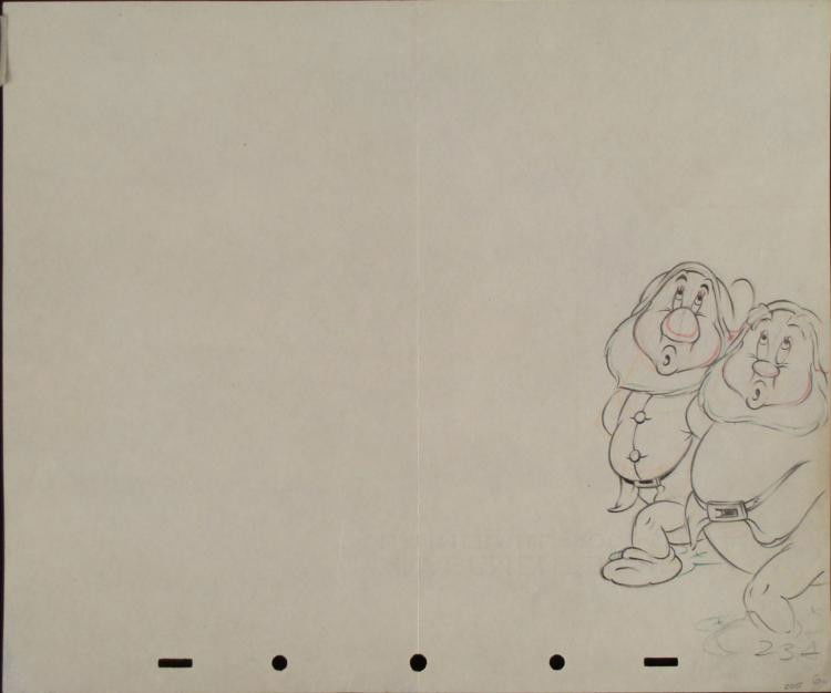 Disney Snow White 7 Dwarfs Original Production Drawing: Here is an original drawing used in the production of the timeless Disney classic Snow White and the Seven Dwarfs. This drawing shows Sneezy and Happy stepping into the frame, possibly singing. * Medi