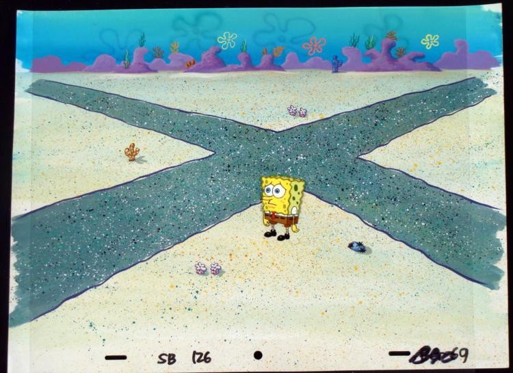 SpongeBob Orig Production Cel & Background Crossroads: Normal 0 false false false MicrosoftInternetExplorer4 /* Style Definitions */ table.MsoNormalTable{mso-style-name:"Table Normal";mso-tstyle-rowband-size:0;mso-tstyle-colband-size:0;mso-style-noshow:ye