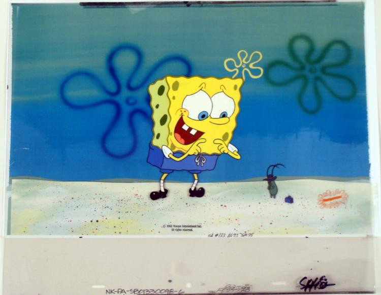 Cel Original No One Saw That Production Spognebob: This animation cel and reproduction background are from the NickelodeonTV show SpongeBob Squarepants. The story takes place under the deepblue sea in Bikini Bottom, where SpongeBo