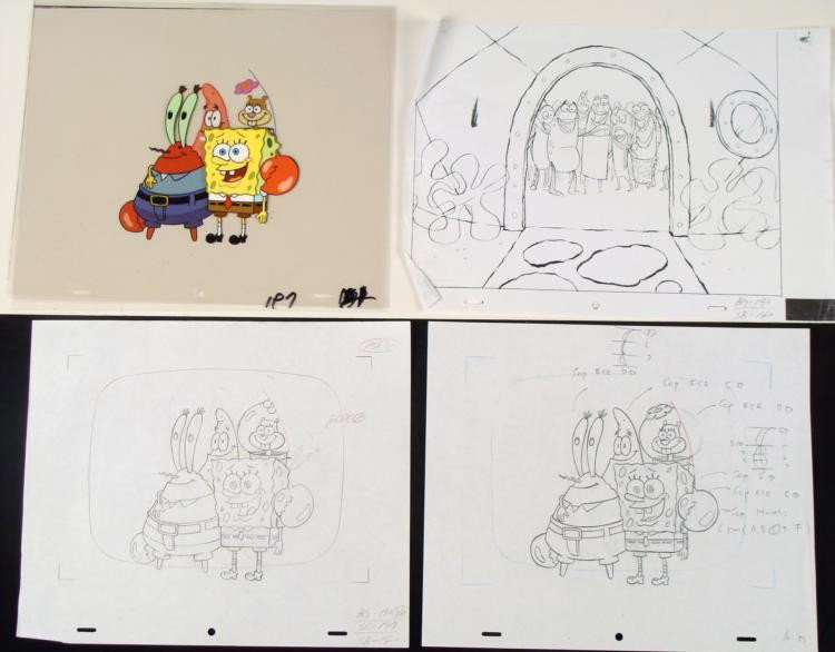 2 Drawings Original Thank You Cel Animation Spongebob: This original animation cel, drawing, and photocopied background is from the Nickelodeon TV show SpongeBob Squarepants. The story takes place under the deep blue seain Bikini Bott