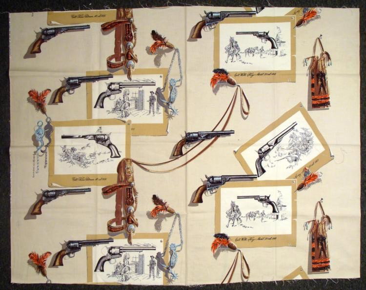 LARGE COLT/WELLS FARGO FIREARM HEAVY FABRIC ART PIECE: OFFERED HERE IS A LARGE COLT/WELLS FARGO FIREARM HEAVY FABRIC ART PIECE. IT SHOWS OLD COLT REVOLVERS AND OLD WEST SCENES. THIS IS CAN BE USED TO DECORATE A ROOM OR AS A TABLE COVER. 