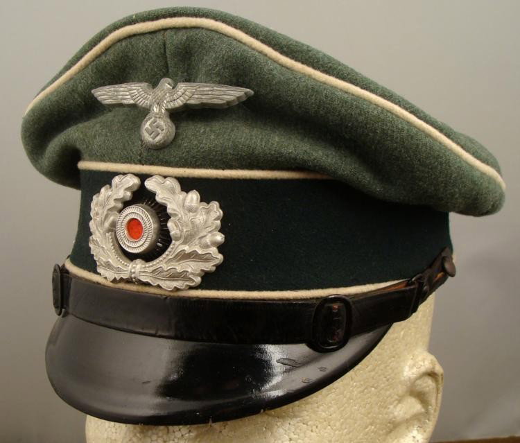 WWII Nazi NCO Army Wehrmacht Infantry Crusher Cap: WWII Nazi German NCO Army Wermacht Infantry Crusher Cap * Exterior: Green felt with beige piping, eagle and swastika, and hat device, black strap with buttonsInterior: Brown silk top, leather sweat ba