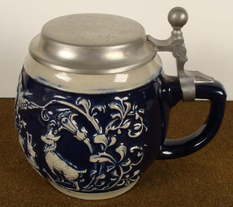 GERMAN MUG LIDDED STEIN -HUNTING SCENE-ORIGINAL GERTZ: GERMAN MUG WITH LID-HUNTING SCENE-MARKED ORIGINAL GERTZ-GERMANY * LID TOP READS "FRED CHEERS-1/25/85 *