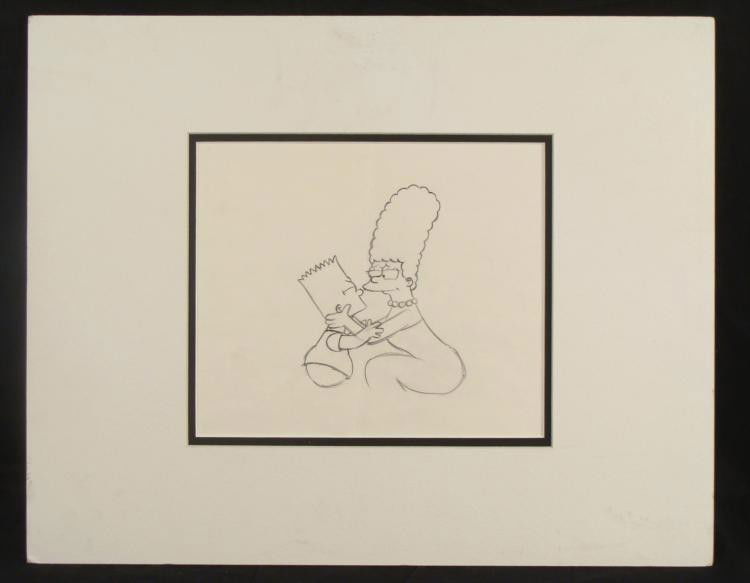 Simpsons Original Production Drawing Marge and Bart Hug: Here is an original animation drawing used in the production of The Simpsons. The program is the longest running sitcom that have ever been aired on television. Marge is showing here mothe