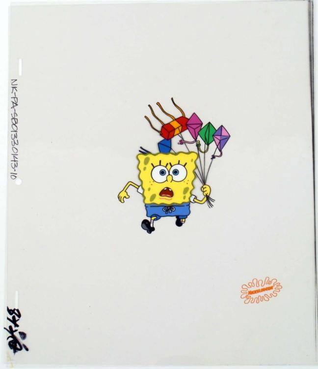 Spongebob Animation Art Please Help Me Original Cel: This original animation cel is from the Nickelodeon TV showSpongeBob Squarepants. The story takes place under the deep blue seain Bikini Bottom, where SpongeBob resides. Spon