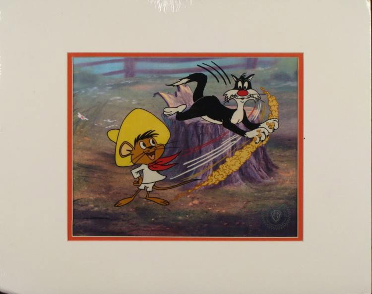 Sylvester & Speedy Gonzales Ltd Ed Animation Sericel: Here is a limited edition animation cel taken from an original Warner Bros. short directed by Friz Freleng. Sylvester thinks he'll catch a mouse for dinner here, but he soon finds out that mouse is th