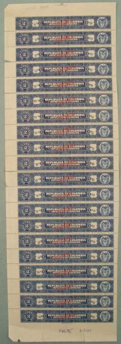 20 Colombia Plate Block Specimen Tax Stamps 2 Centavos: This is a plate block of (20) 2 Centavos tax stamps from Republic De Colombia, marked "IMPUESTO DE CONSUMO." Each has a red "SPECIMEN" overprint and security punch. They are marked "American Bank Note