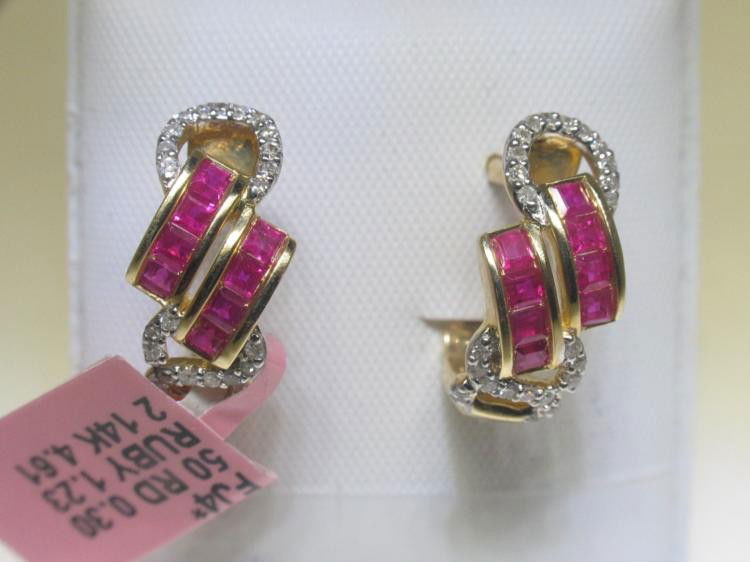 .30 Carat Diamonds and Ruby 14K Yellow Gold Earrings: Ruby and Diamonds 14K Yellow Gold EarringsTotal Weight of 50 round-cut Diamonds - 0.30 CT Total Weight of Rubies- 1.23 CTs 14K Yellow Gold - 4.61 grams Appraised Value: $ 3,600.00