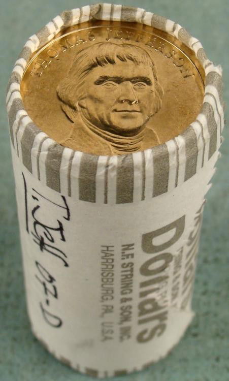 1 Bank Roll 2007-P UNC Jefferson Presidential Dollars: This is an original bank wrapped roll of 2007-P Thomas Jefferson Dollars, containing 25 coins. It is the third in the Presidential dollar series. * Condition: Mint, Gem uncirculatedNote: Roll you rece