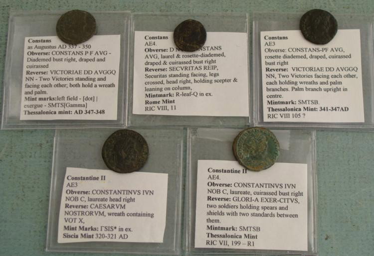 5 Roman Ancient Coins Constans, Constantine II: Lot of 5 ancient Roman coins, each in a plastic sleeve with description * Constans Diademed bust right, draped & cuirassedConstans Rosette diademed draped and cuirassed bust rightConstans Laurel &