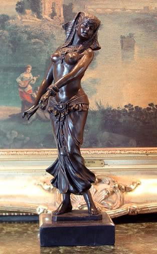 Charming Bronze Sculpture Belly Dancer: Belly Dancer Bronze Sculpture, 14"D x 6"W X 6"D 12 lbs. This bronze sculpture was produced using the "Lost Wax" casting method. The"Lost Wax" Cast method is the most precise metal casting techniqu