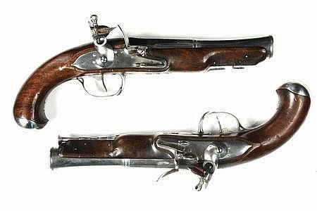PAIR NAVAL BOARDING FLINTLOCK PISTOLS: PAIR NAVAL BOARDING FLINTLOCK PISTOLS - Pair Late 18th c Naval Boarding Flintlock Pistols, probably American, with engraved, tapered barrels, fine silver wire inlaid walnut stocks,