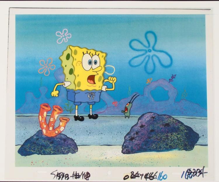 Orig SpongeBob Animation Cel & Background w/ Plankton: This original hand-painted cel with reproduction background is from the Nickelodeon TV show SpongeBob Squarepants. The story takes place under the deep blue sea in Bikini Bot