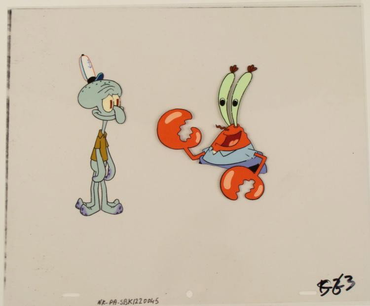 Original SpongeBob Animation Cel Squidward & Mr. Krabs: This original animation cel is from the Nickelodeon TV show SpongeBob Squarepants. The story takes place under the deep blue sea in Bikini Bottom, where SpongeBob resides. SpongeB
