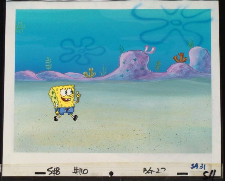 Original SpongeBob Animation Cel & Background He's Here: This original hand-painted cel and background is from the Nickelodeon TV show SpongeBob Squarepants. The story takes place under the deep blue sea in Bikini Bottom, where Spo