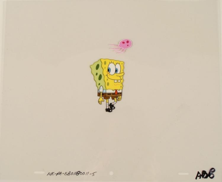 Original SpongeBob Animation Art Cel With One Jellyfish: This original animation cel is from the Nickelodeon TV show SpongeBob Squarepants. The story takes place under the deep blue sea in Bikini Bottom, where SpongeBob resides. SpongeB