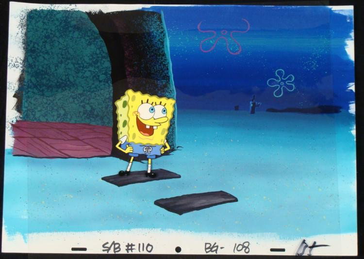 Original SpongeBob Production Cel & Background w/House: This original hand-painted cel and background is from the Nickelodeon TV show SpongeBob Squarepants. The story takes place under the deep blue sea in Bikini Bottom, where Spo