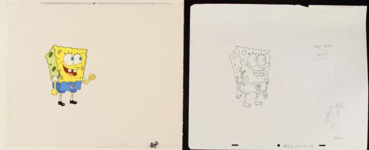 SpongeBob Original Production Cel w/ Drawing Hey There: This is an original hand-painted animation cel with closely matching drawing from the Nickelodeon TV show SpongeBob Squarepants. The story takes place under the deep blue sea in B