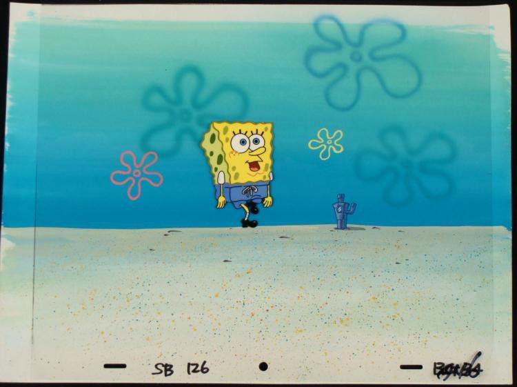 Original SpongeBob Animation Cel & Background Hey There: This original hand-painted cel and background is from the Nickelodeon TV show SpongeBob Squarepants. The story takes place under the deep blue sea in Bikini Bottom, where Spo
