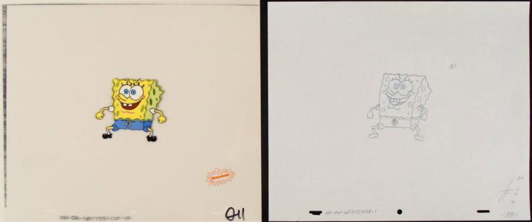 Spongebob Original Production Cel & Drawing Volleyball: This original hand-painted animation cel with matching drawing is from the Nickelodeon TVs how SpongeBob Squarepants. The story takes place under the deep blue sea in Bikini 