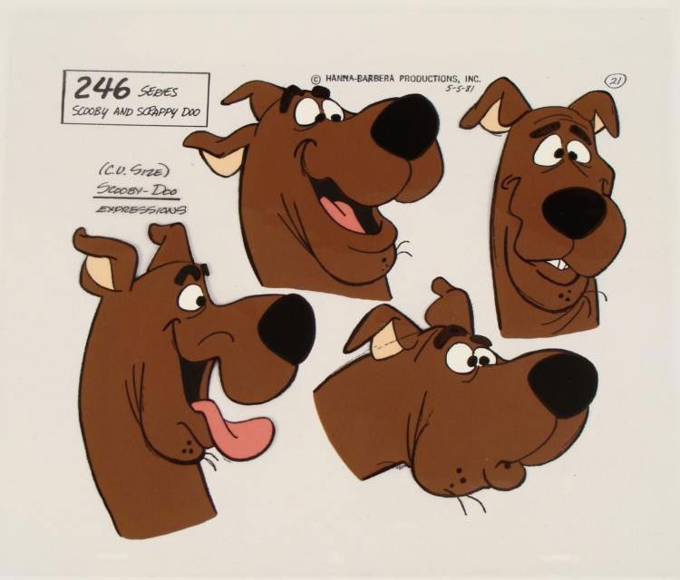 The Many Faces of Scooby Doo Animation Cel Model Art: This is an original production cel from the popular tv series Scooby Doo. Each episode featured Scooby and the four teenaged members of the Mystery, Inc. gang: Fred, Shaggy, Daphne and Velma, ar