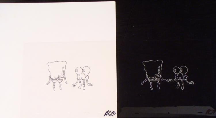 Two Cel Spongebob Original Transformed Production Art: These original animation cels are from the Nickelodeon TV show SpongeBob Squarepants. The story takes place under the deep blue sea in Bikini Bottom, where SpongeBob resides. Spon