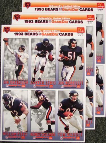 3 Chicago Bears '93 GameDay McDonalds Uncut Card Sheets: These are 3 uncut, Mint card sheets of Chicago Bears Limited Edition GameDay '93 series cards. These were produced for McDonald's by Fleer, and these are all Sheet B, 2 of 3. * These fine players will