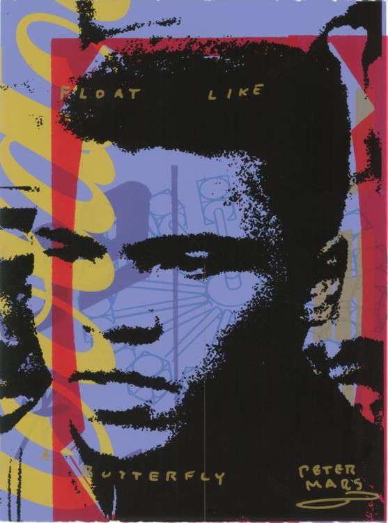 Peter Mars Orig Mixed Media Art Muhammad Ali Butterfly: This is an original artwork of the legendary Muhammad Ali, and it spells the beginning of that famous line, "Float Like a Butterfly," along with an image of gears apparently spinning in his head. * Ar