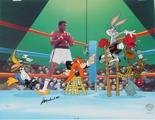 Signed Muhammad Ali EMPTY THAT GLOVE Looney Tunes Cel: "Float like a butterfly, sting like a bee, the Looney Tunes are in the ring with Muhammad Ali!" * This dynamic image captures "The Greatest" Muhammad Ali preparing for a bout with the heavyweight cham
