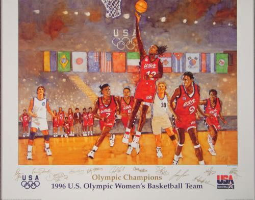 1996 Olympics Bart Forbes Women's Basketball Poster: This colorful poster by famous sports artist Bart Forbes was created for the Olympic Games in Atlanta in 1996:Title: "1996 U.S. Olympic Women's Basketball Team"Poster on glossy paper22 × 28Very g