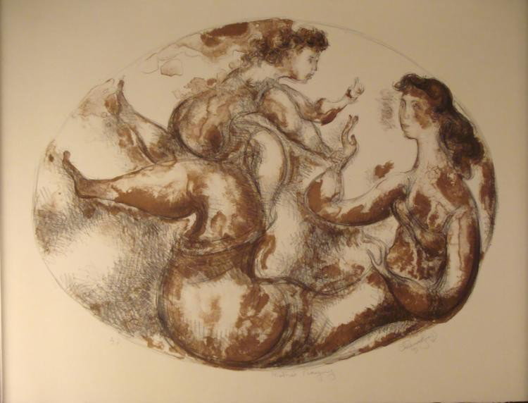 Chaim Gross Signed Art Print Mother Playing 1971: This touching portrait of a mother playing with her little girl is distinctive in its softness of the Cubist forms and delicate lines. * Artist: Chaim GrossSignature: In pencil, lower rightTitle: "Mot