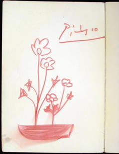 Picasso Original Drawing Signed In Gertrude Stein Book: This is an original drawing by Pablo Picasso, signed by the artist. The drawing was done on the opposite side of the front cover of a book. The image is a still life with flowers in a vase. 