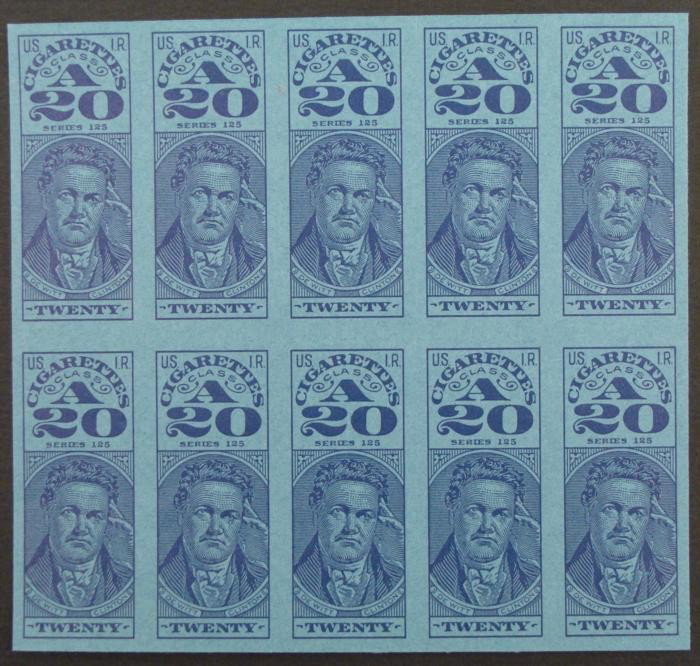 10 Cigarette Tax Revenue Stamps Class A 20 Uncut Sheet: Here is an uncut sheet of 10 Federal Cigarette Revenue Stamps. They are in mint condition, with no gum. They are obsolete, and scarce in this condition. These are Class A Twenty, series 125, in blue, 