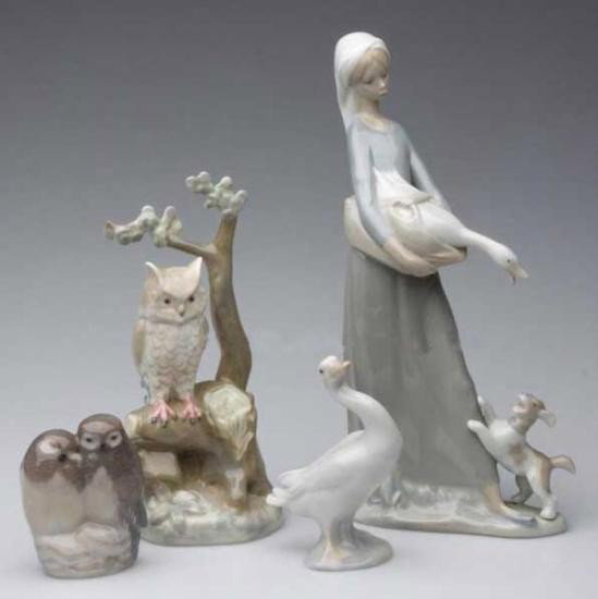 EUROPEAN CERAMIC FIGURES: EUROPEAN CERAMIC FIGURES, LOT OF FOUR, polychrome decoration, comprising Lladro, Nao, Rex and Royal Copenhagen marks. 20th century. 3 1/2in to 10in