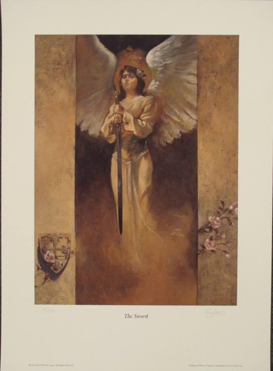 The Sword Ray Lago Print Art Wings Angel: The Sword of a thousand souls is held by this angel. * Artist: Ray Lago * Signature: In pencil, lower right Title: The Sword * Medium: Print on paper Edition: Numbered out of 650 * Sheet Size: 16" x 2