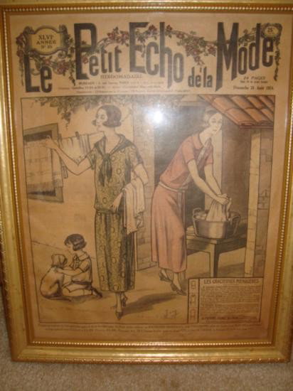 French fashion newspaper in frame dated 1924: Authentic French Fashion newspaper in a frame dating 1924. Authentic antique French newspaper which appeared weekly during the early 1900's. "Le Petit Echo de la Mode" was a famous fashion newspaper i