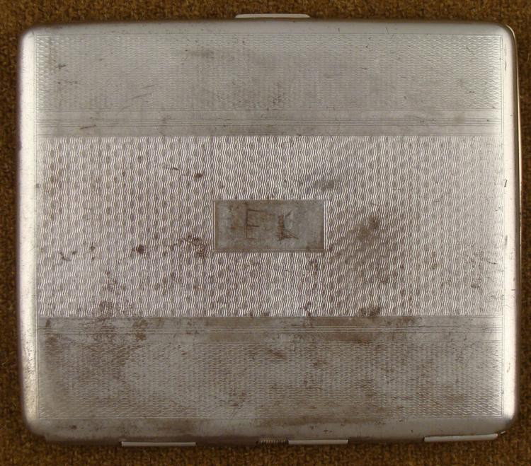 WWII GERMAN WEHRMACHT SILVER CIGARETTE CASE ART DECO: WWII GERMAN WEHRMACHT SILVER CIGARETTE CASE-ART DECO DESIGN-RETAINER ELASTIC INSIDE * SPRING CATCH CLOSURE-ART-DECO DESIGN SHOWS WEAR & USE-OWNER'S INITIALS SCRATCHED IN FRONT PANEL -SIZE 3 1/4" X