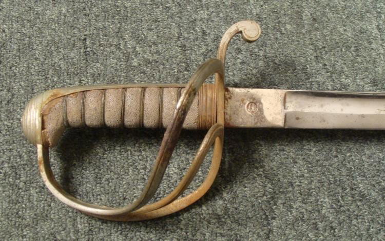 GERMAN IMPERIAL MILITARY SWORD 1800S-WALSCHEID SOLINGEN: GERMAN IMPERIAL MILITARY SWORD-CIRCA 1800'S-MKR:WALSCHEID-SOLINGEN * NICE OLD GERMAN SWORD-TRIPLE BRANCH NICKEL HANDGUARD,POMMEL AND BACKSTRAP -TEARDROP CROSSGUARD-FISHSKIN GRIP WITH WIRE WRAP-NICE 33