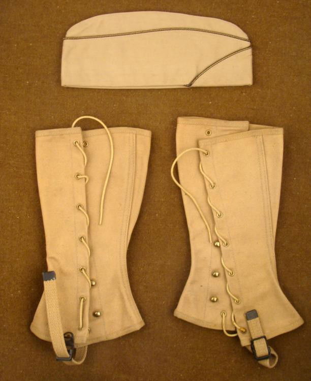 WWII U.S. ORIGINAL CANVAS LEGGINGS AND OFFICERS CAO: HERE IS A WWII, U.S. ORIGINAL CANVAS LEGGINGS AND OFFICERS CAO. THE CAP SIZE MEASURES OUT TO BE 7 1/4" AND THE LEGGINGS ARE MARKED "4 GREGORY & REED", 11/2/1942. IT IS IN MINT CON