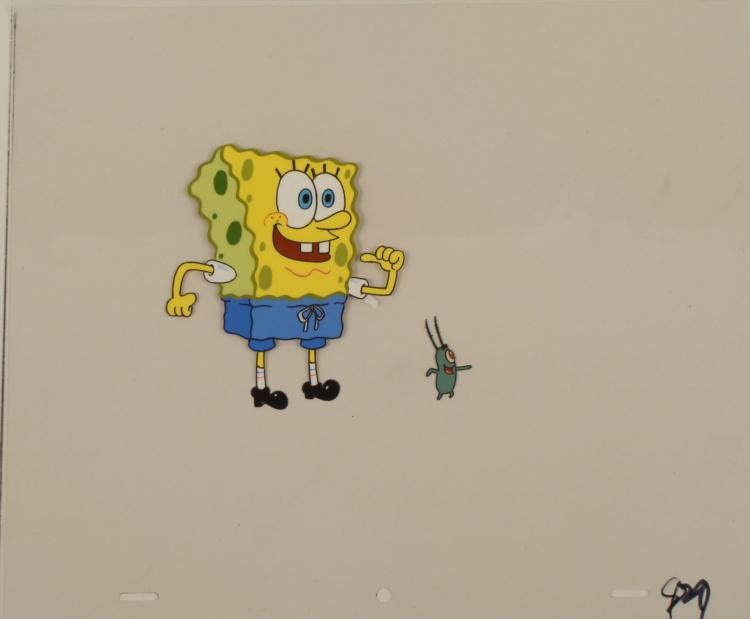 SpongeBob, Plankton Orig 2 Layer Animation Cel For Me?: This original animation cel is from the Nickelodeon TV show SpongeBob Squarepants. The story takes place under the deep blue sea in Bikini Bottom, where SpongeBob resides. Sp