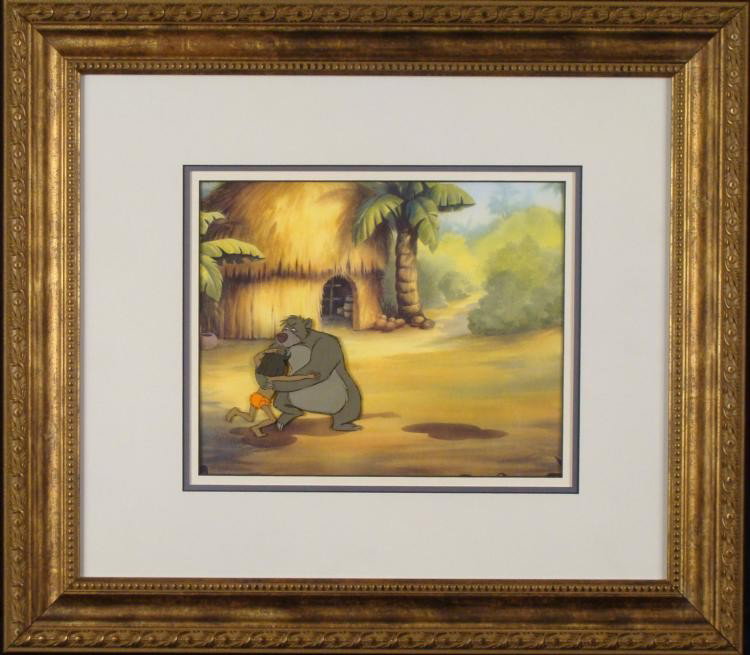 Jungle Book Original Production Cel Baloo & Mowgli Frmd: This is an original animation production cel from the Disney movie The Jungle Book. It portrays Baloo & Mowgli who appear to be wrestling or dancing. * Medium: Hand painted cel acetate with printe