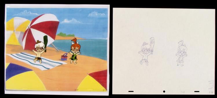Drawing Original Bam Bam Pebbles Production Cel Playing: Wouldn't it be nice to be young again? You can play all day and have little responsibilities, like Pebbles and Bam Bam. The cel comes with a matching drawing overlay. * * Original Pr